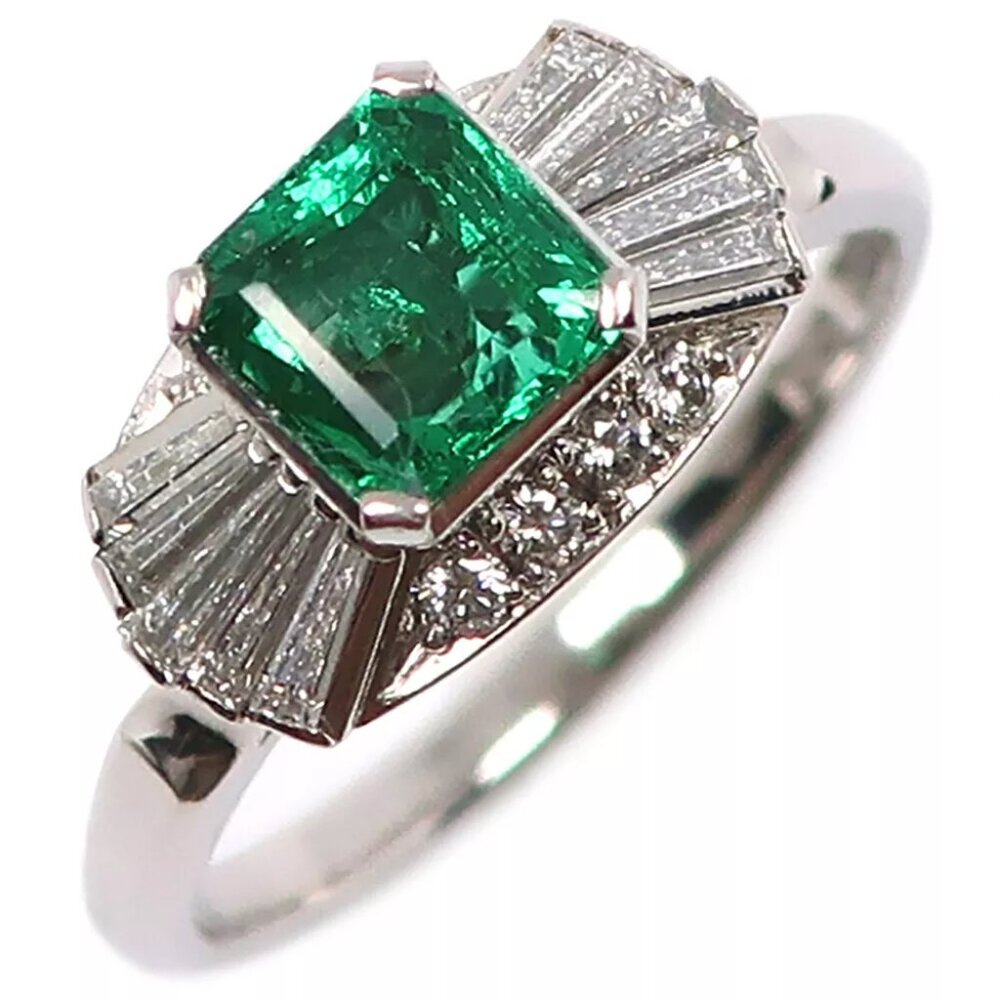 Ring Pt900Platinum/Emerald/diamond #5.6(US Size) 4.8g